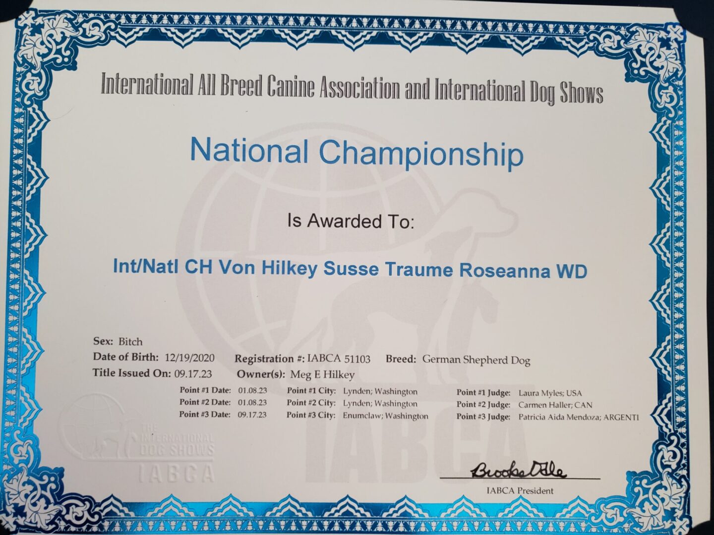 A certificate of recognition for the international dog show.